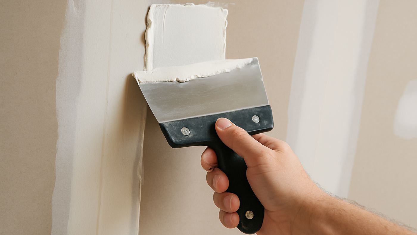 Illustration : une main tire l'enduit à joint au couteau sur la bande entre deux plaques de placo