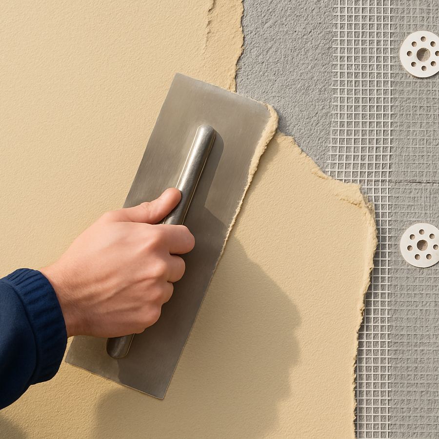 Illustration : l'enduit crème lissé à la taloche sur les plaques d'isolant chevillées d'une façade