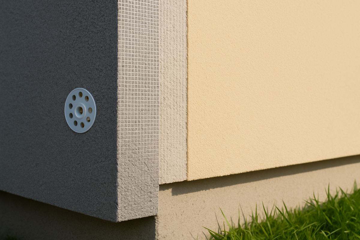 Angle d'un mur isolé par l'extérieur : l'isolant, une cheville, le treillis et l'enduit