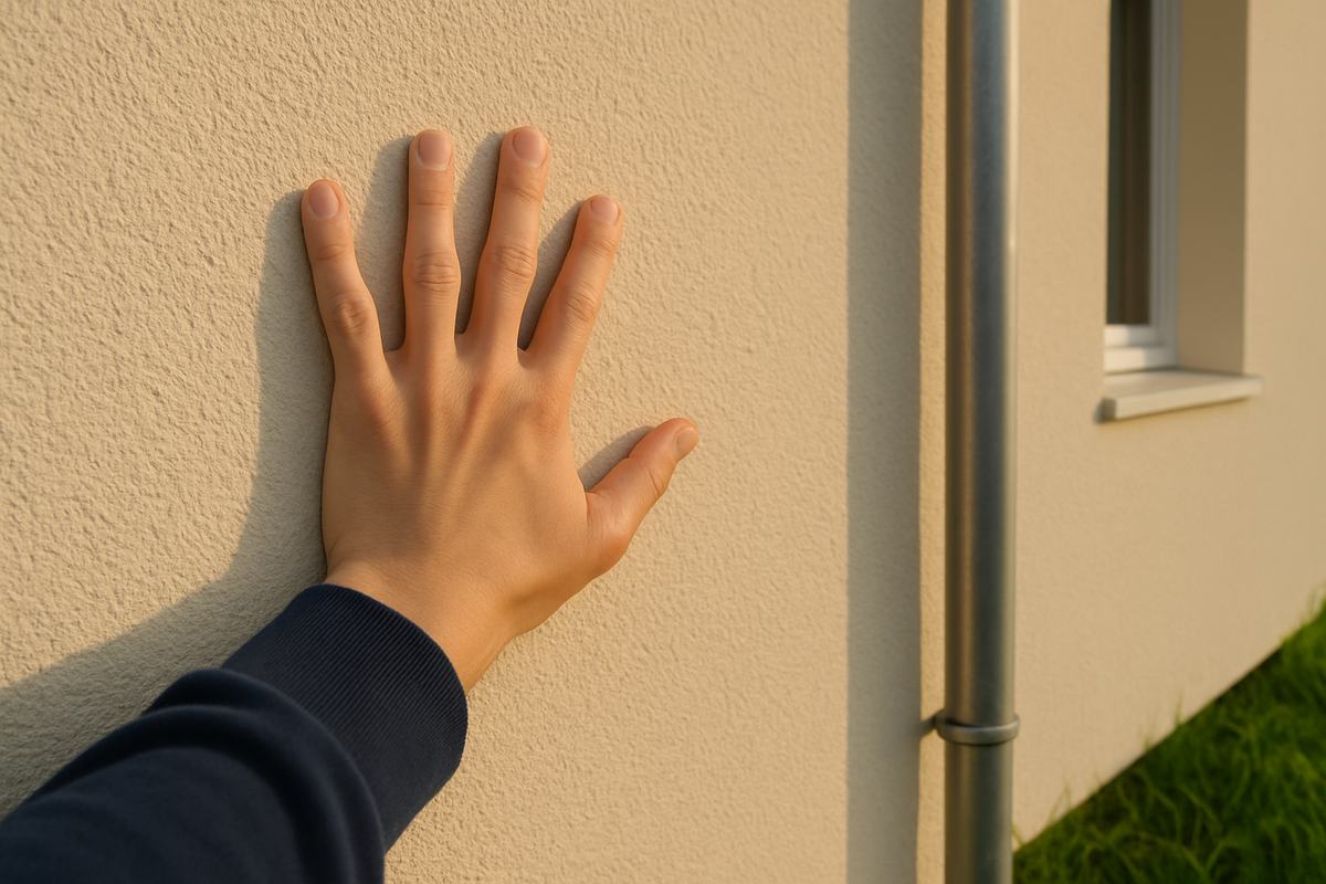 Une main posée à plat sur un enduit de façade chauffé par le soleil